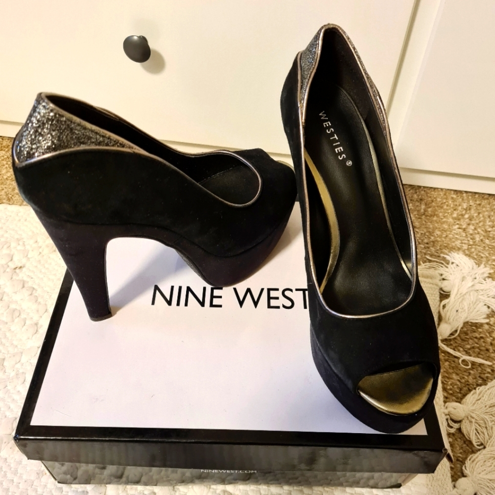 Nine West Westies Black Suede and Glitter Evening Pumps